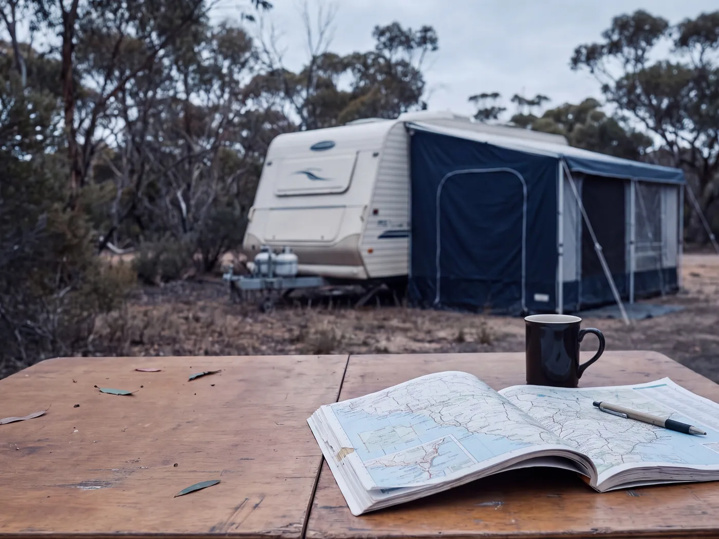 Folding camp table with an open road atlas, a pen and an enamel mug, caravan and annex set up behind