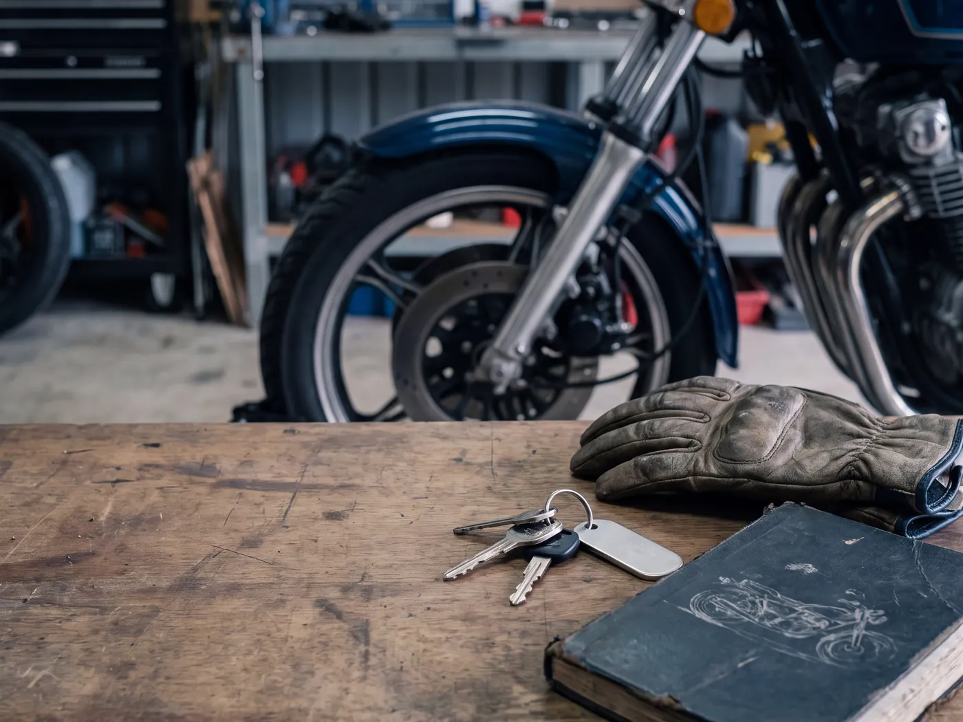 Workbench with keys, worn gloves and a service manual, motorbike parked behind in a garage