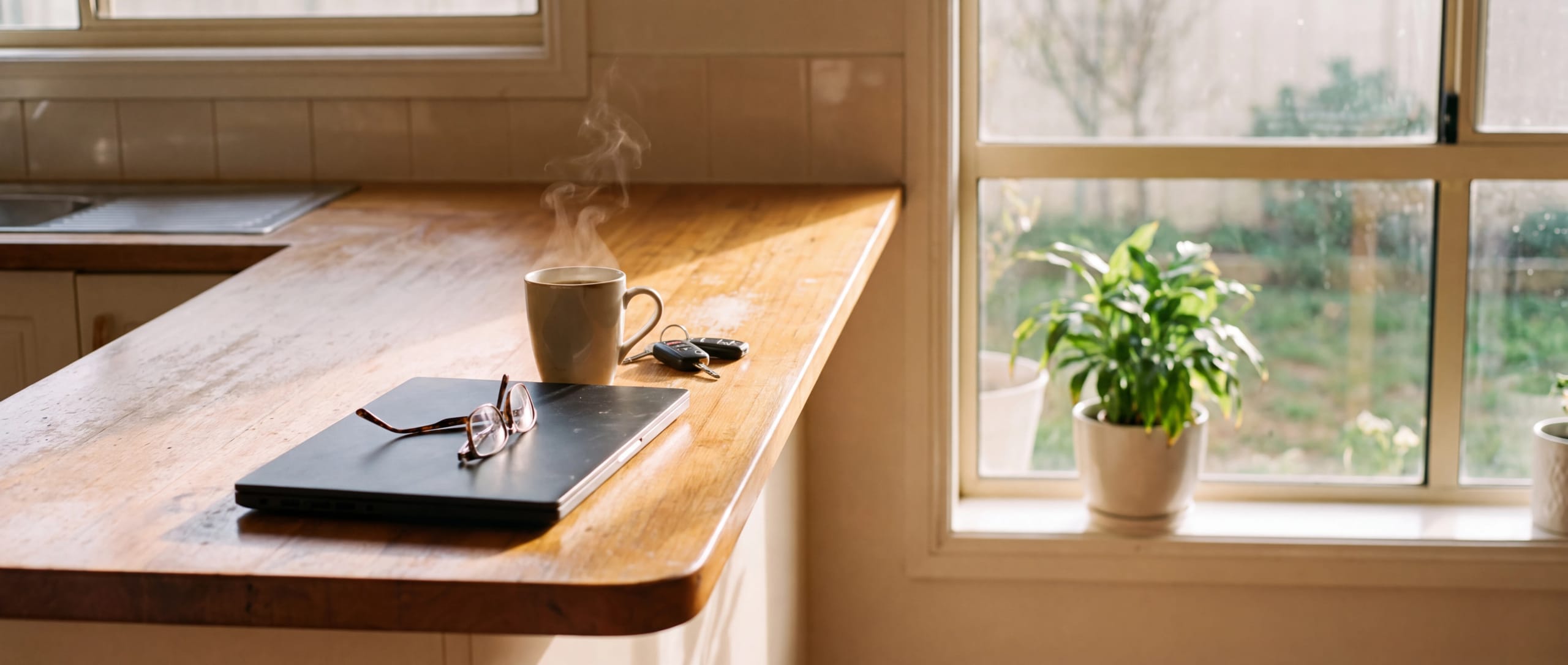 Kitchen bench with a laptop, car keys and a fresh coffee