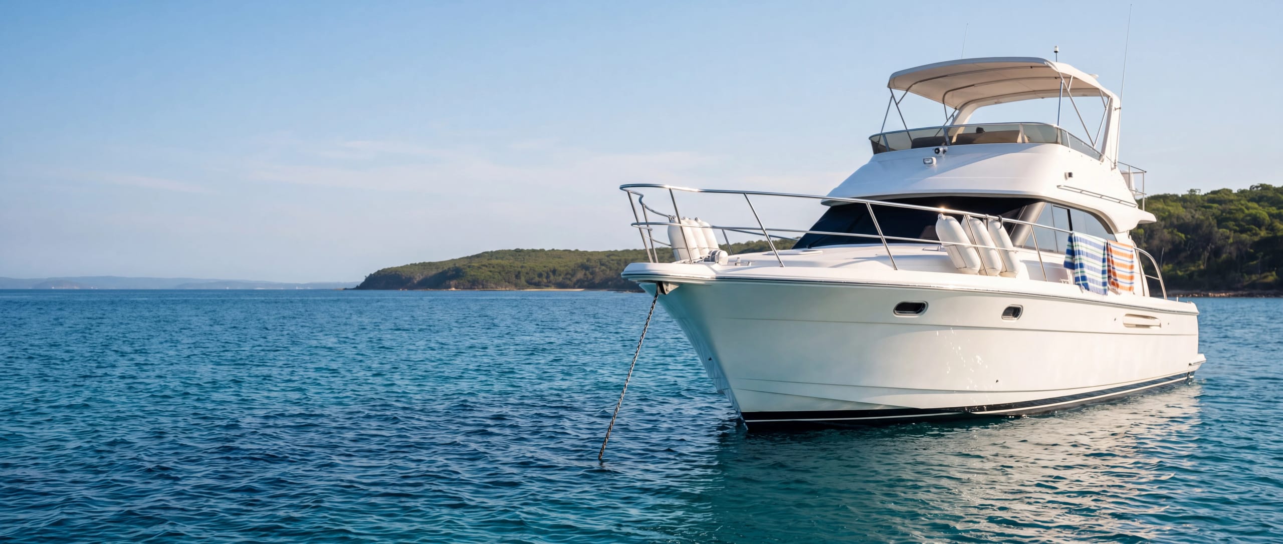 Motor cruiser at anchor in a calm bay