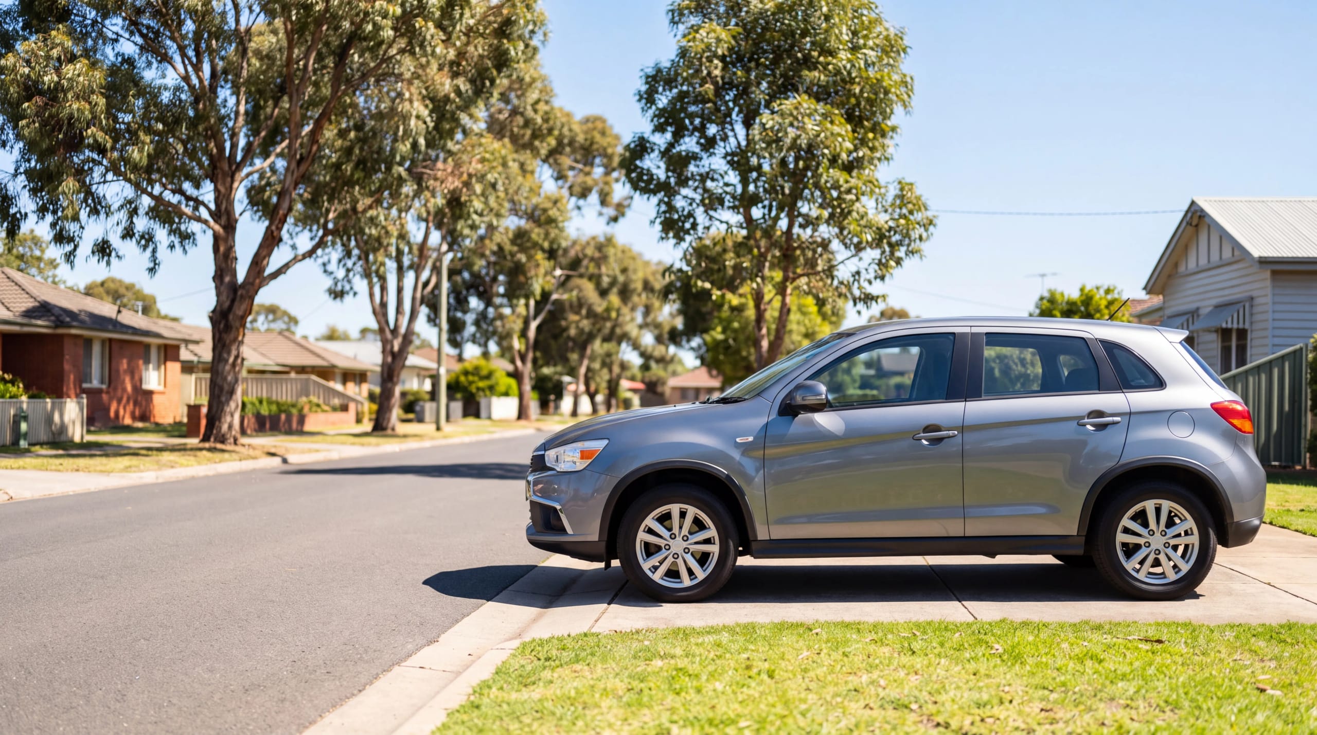 Grey compact SUV parked at the kerb on a suburban street lined with gum trees