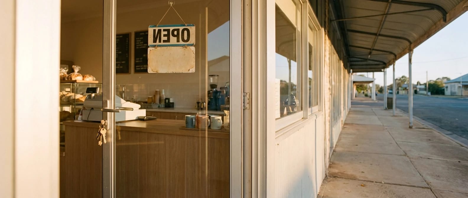 Open sign on the door of a country bakery, morning light on the empty verandah