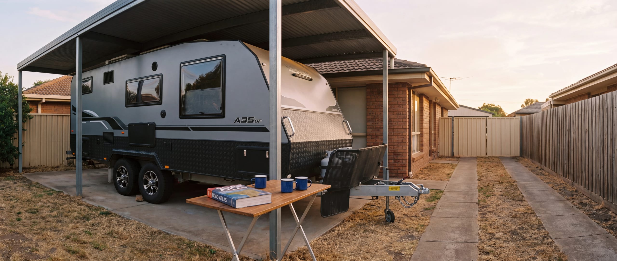 Caravan under a carport beside a brick house at sunset, road atlas on a folding table