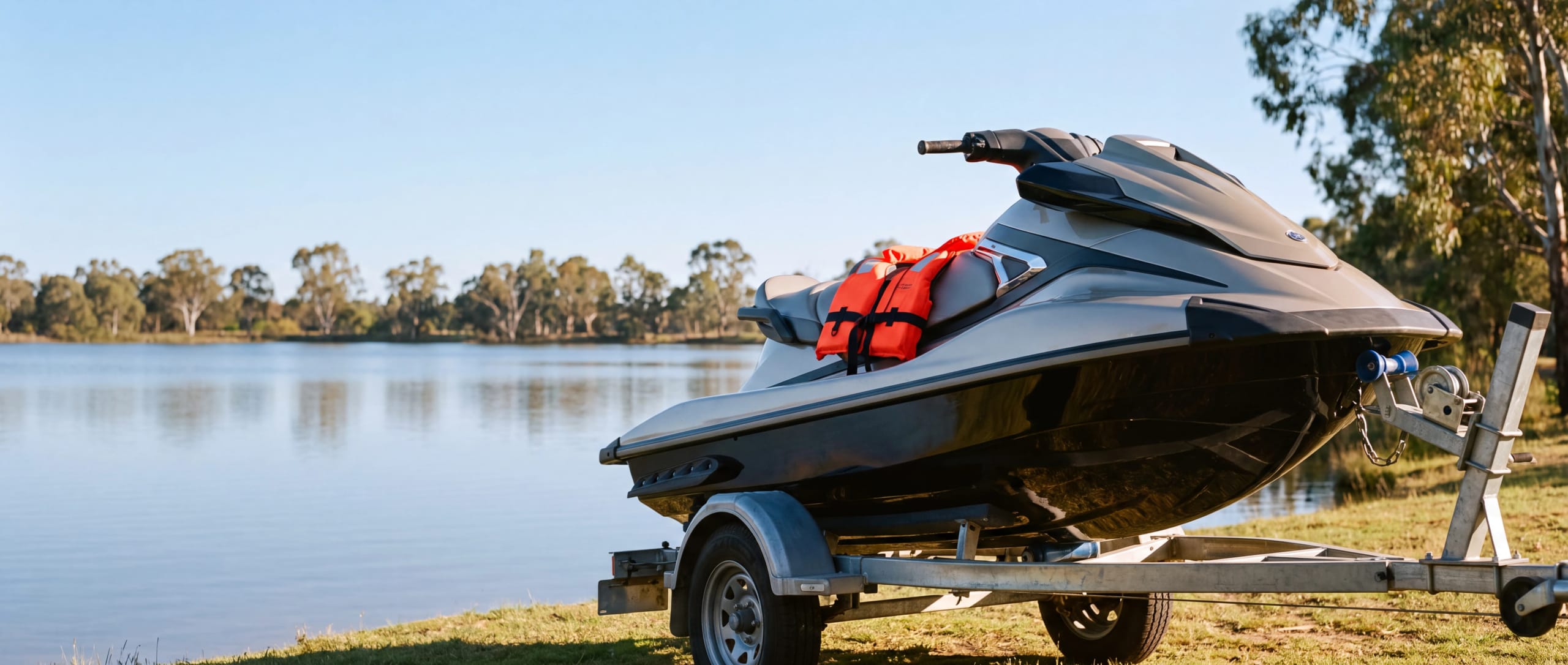 Jet ski on a trailer beside a calm lake, life jackets resting on the seat