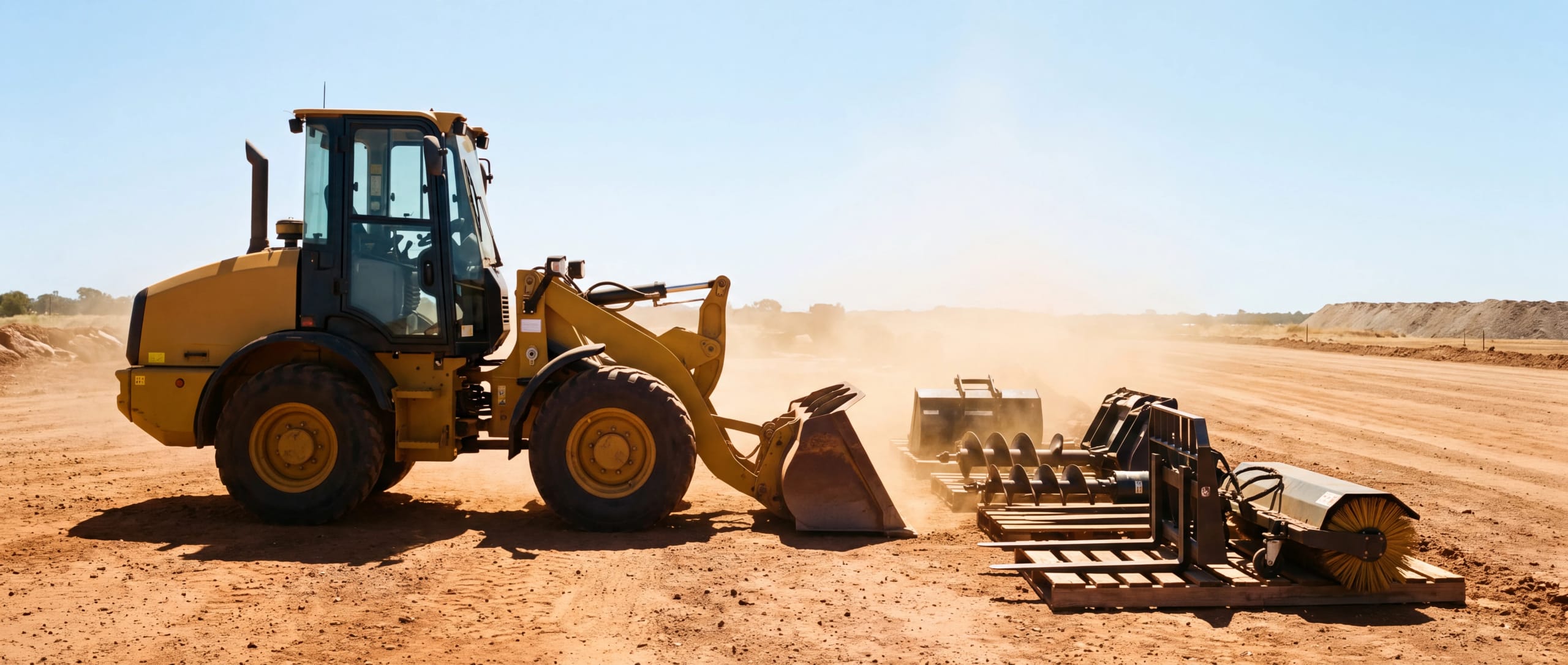 Yellow wheel loader on a red-dirt worksite, attachments laid out on pallets