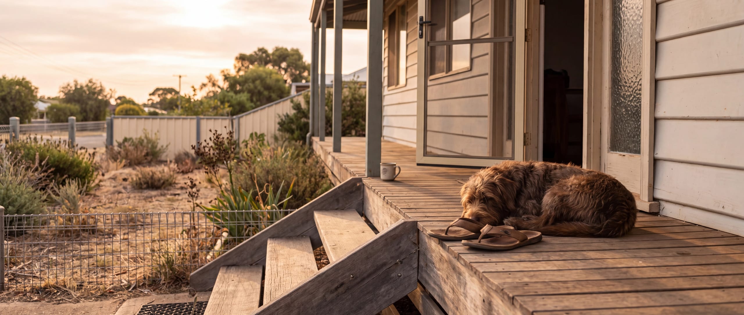 Dog asleep on a farmhouse verandah at sunset beside a pair of thongs