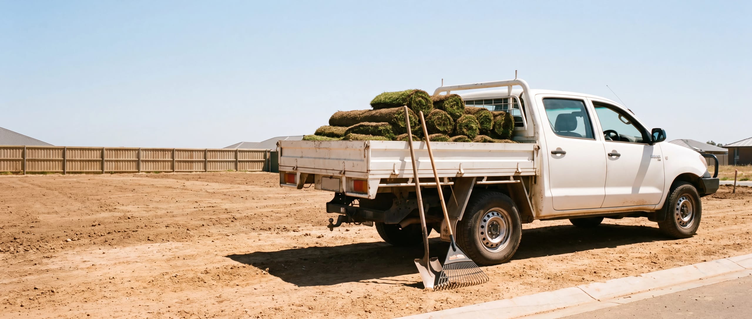 Dual-cab ute loaded with rolls of turf on a cleared dirt block
