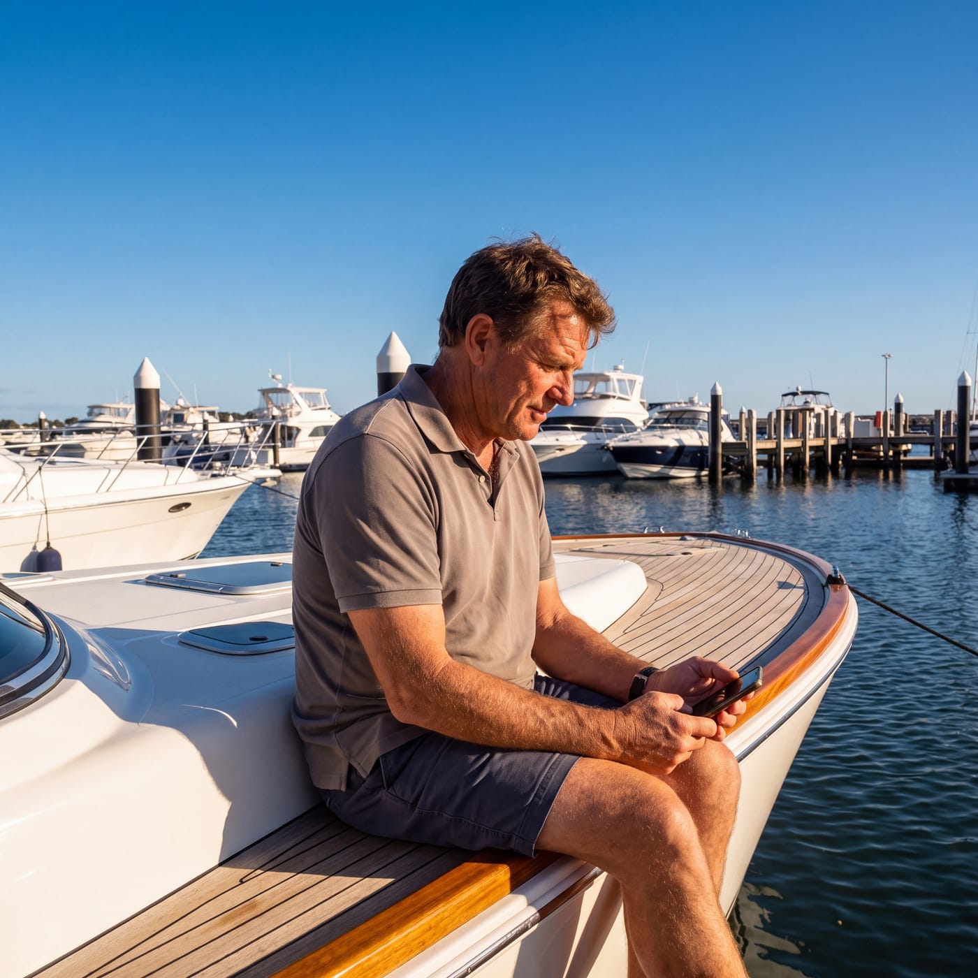 Man sitting on the bow of a moored cruiser checking his phone at a marina