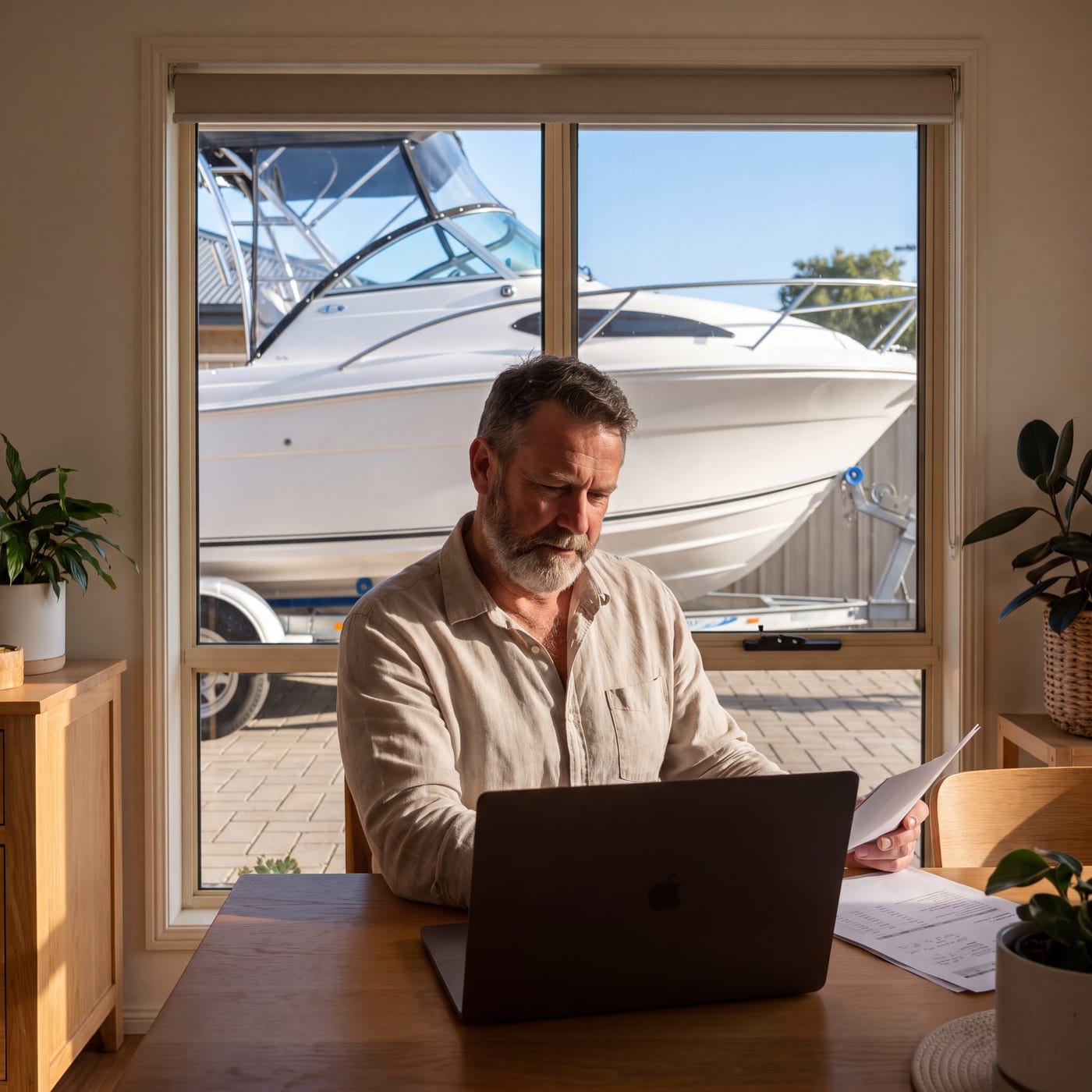 Man reading a document at a laptop with a trailered boat visible through the window behind him