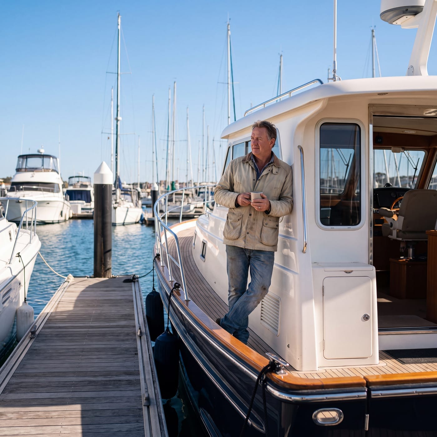 Man with a mug standing on the deck of a moored cruiser at a marina