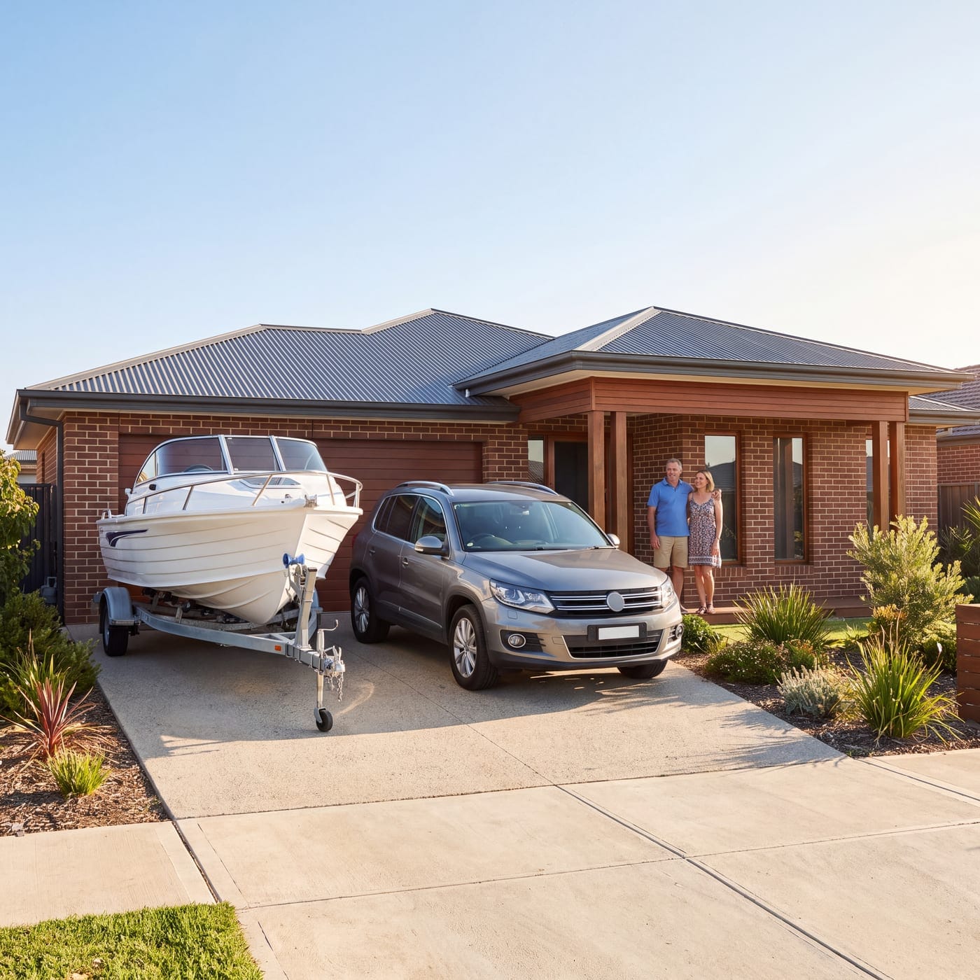 Couple at their front door with a boat on a trailer and an SUV parked in the driveway
