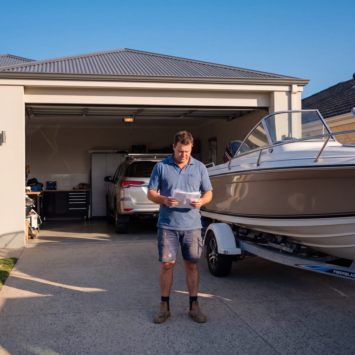 Man reading a document in his garage beside a boat on a trailer
