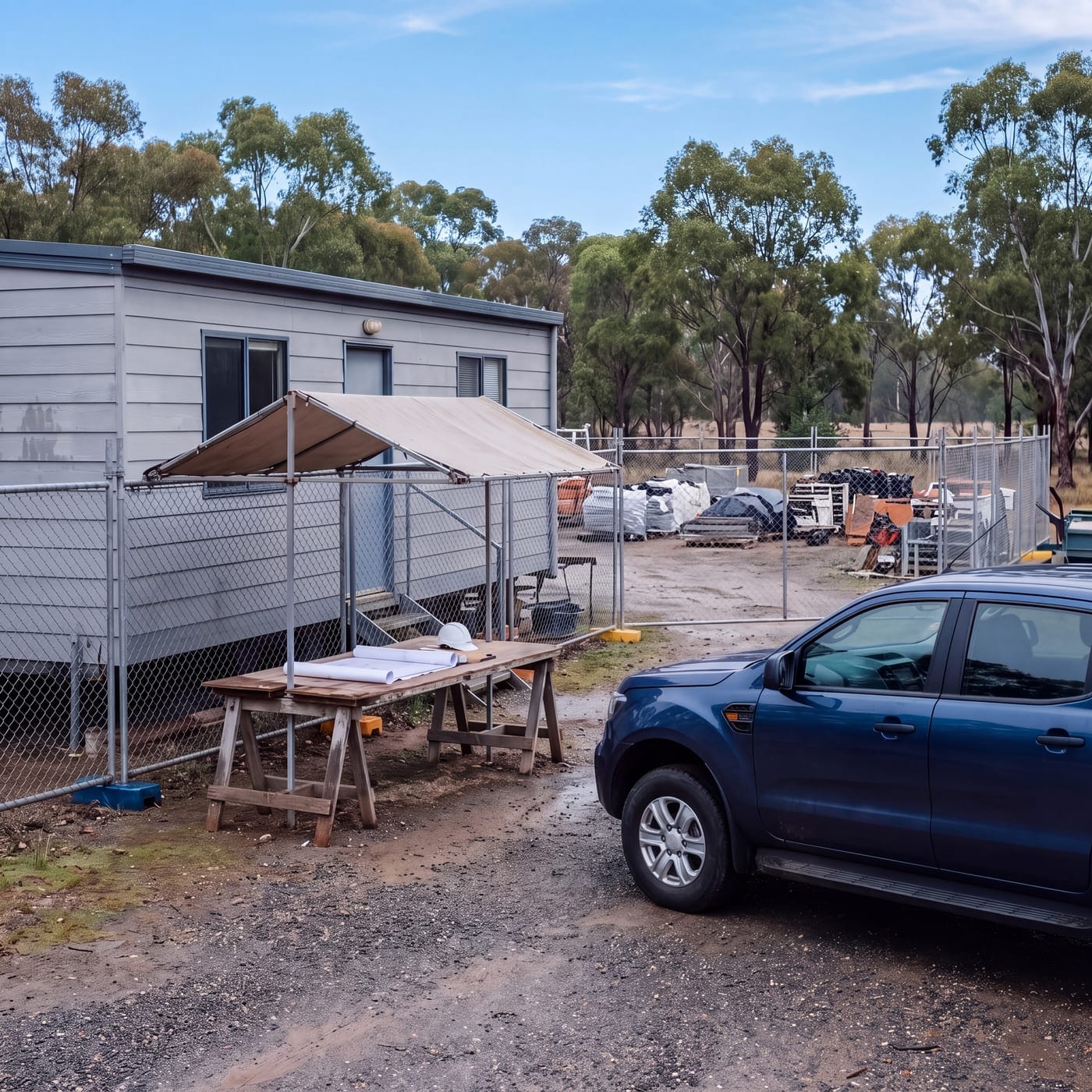 Demountable site office and trestle table on a fenced construction site