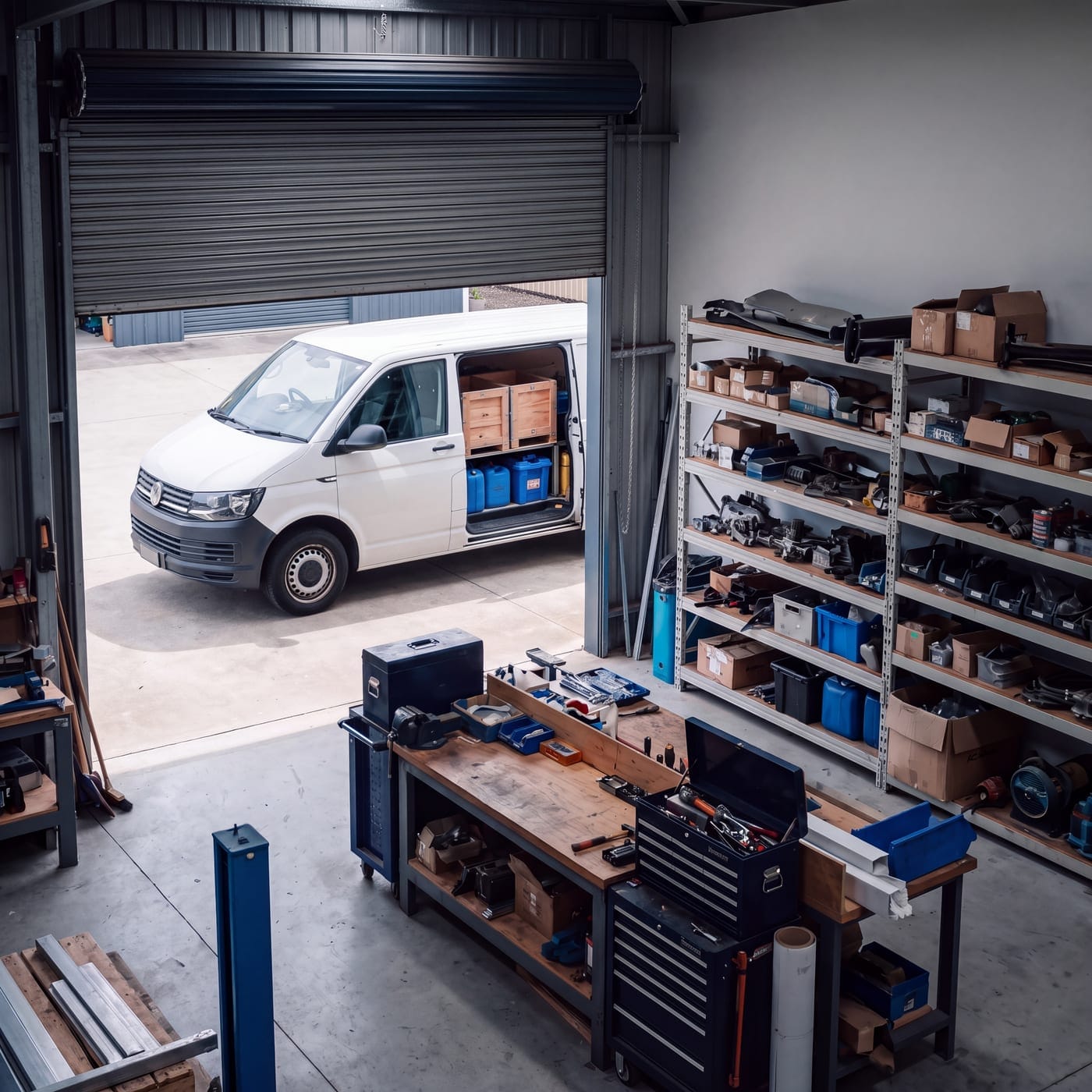 Van inside a workshop beside floor to ceiling shelving of parts and stock