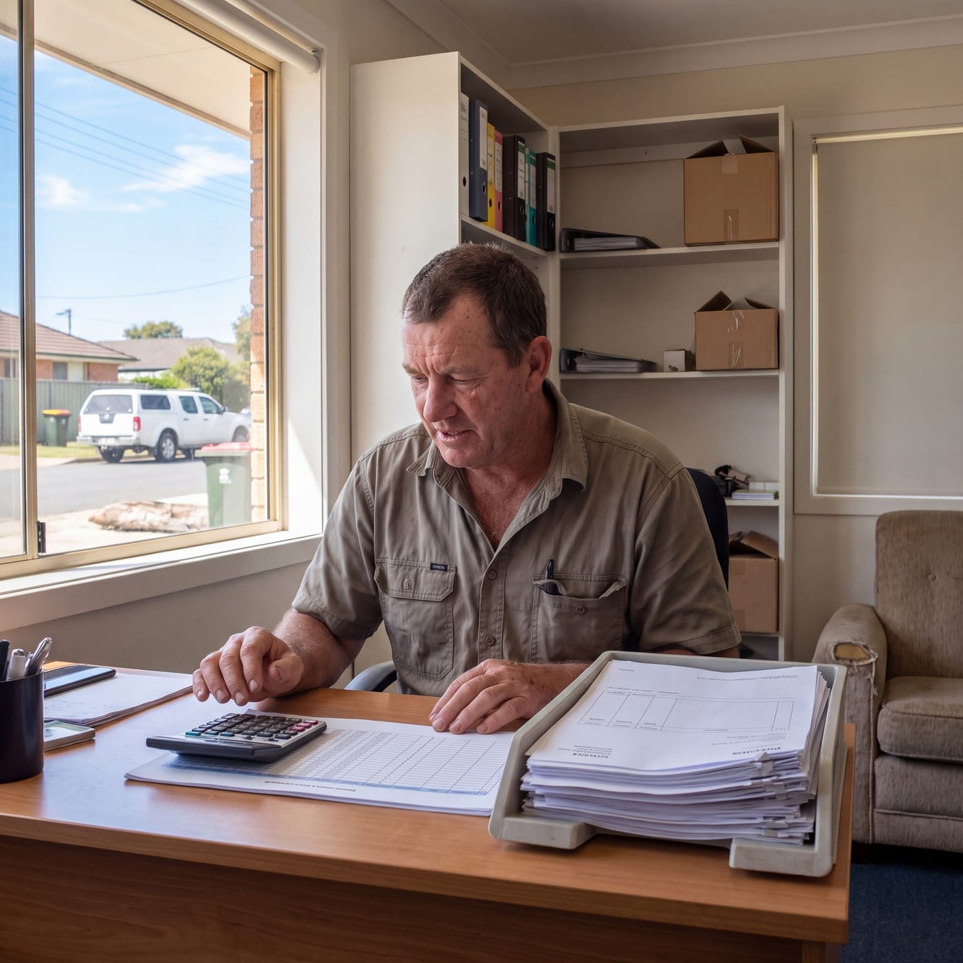 Man working through a stack of paperwork with a calculator at an office desk