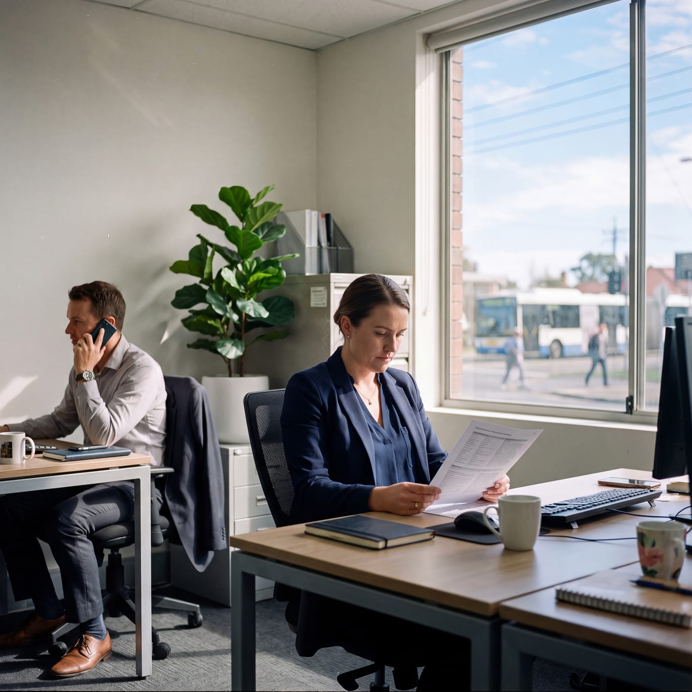 Two colleagues at desks in a street-front office, one on the phone and one reading a document