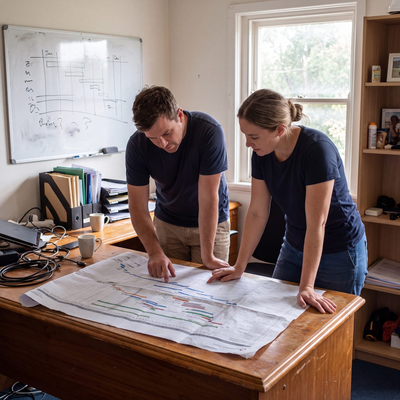 Two people leaning over a large plan spread across a timber desk in a small office