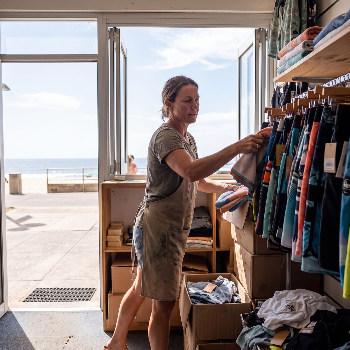 Shopkeeper sorting stock on a rack beside an open shopfront door with the sea beyond