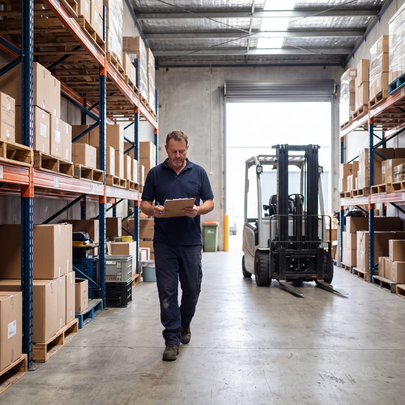 Warehouse worker checking a tablet between loaded pallet racking, a forklift parked at the roller door
