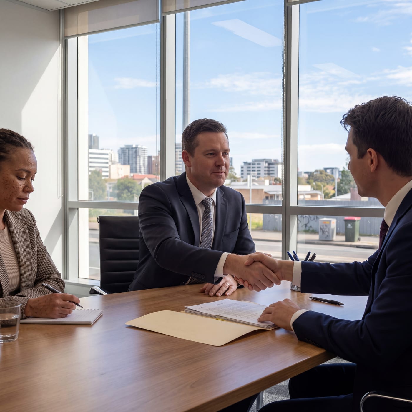 Two people shaking hands across a boardroom table while a colleague takes notes