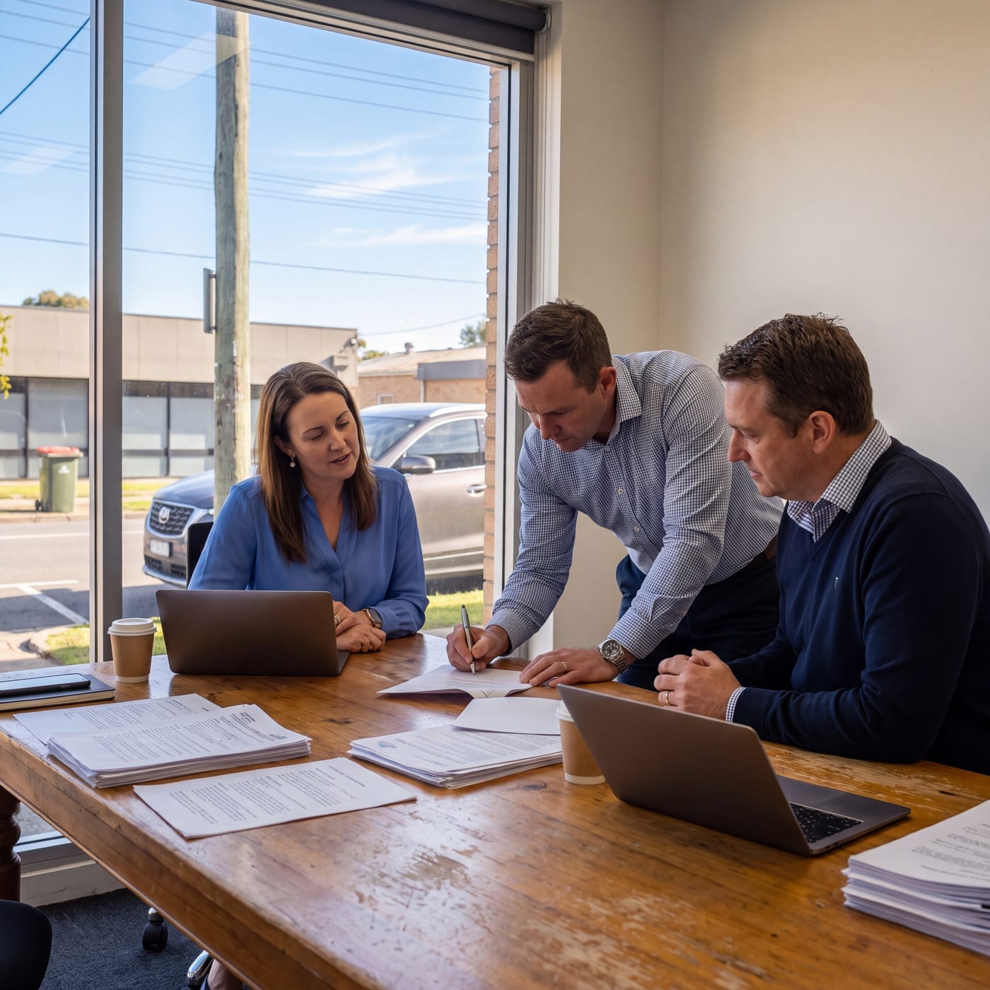 Three colleagues gathered over laptops and printed pages at a meeting table