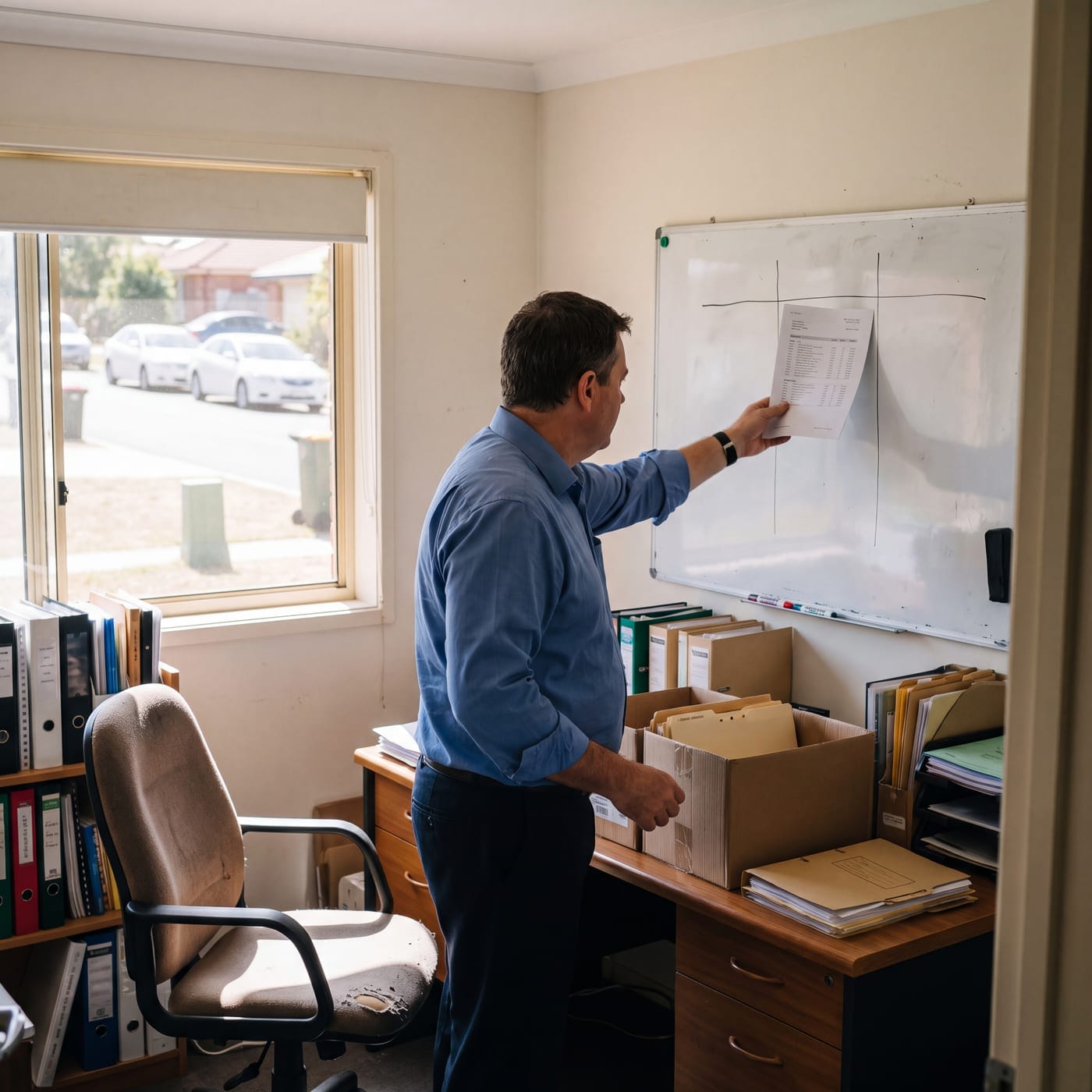 Man marking up a chart on a whiteboard in a small back office