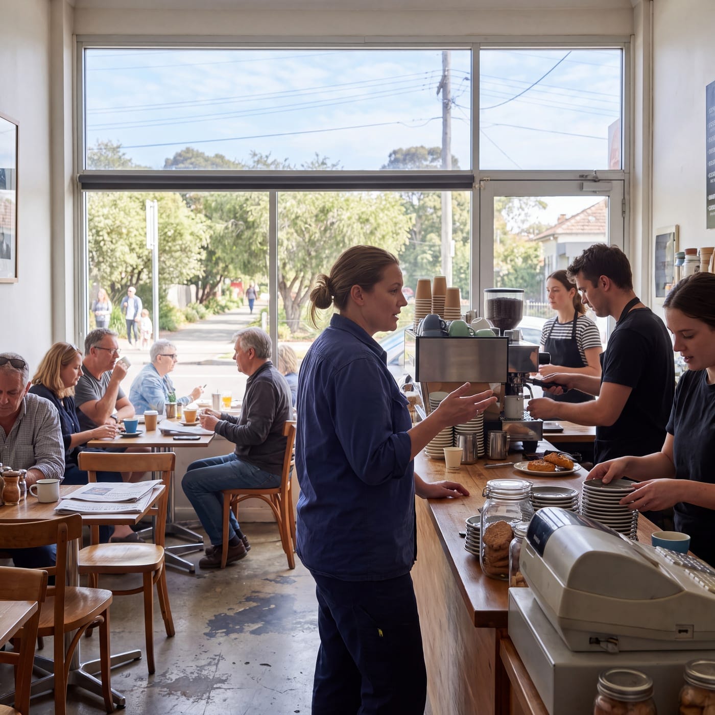 Cafe staff working the coffee machine and counter while customers fill the tables
