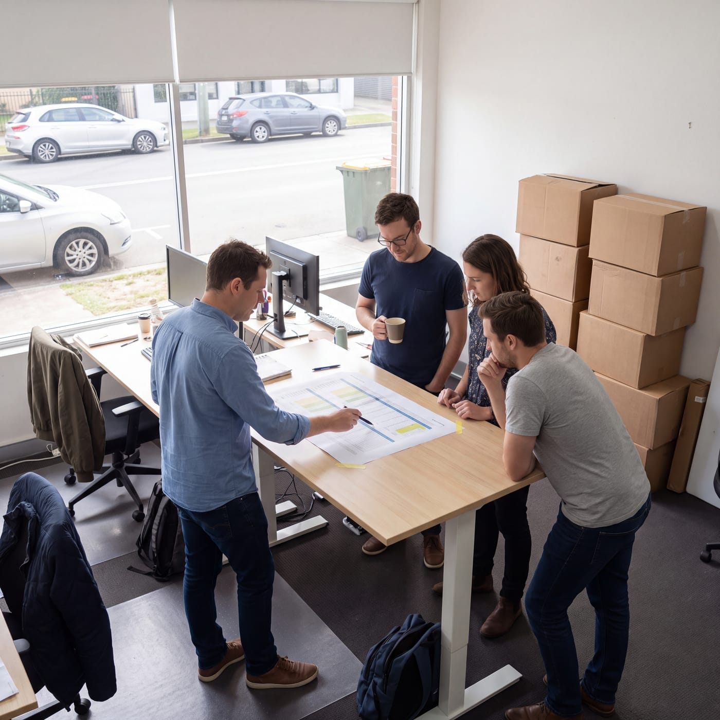 Small team working around desks in an office with removal boxes stacked against the window