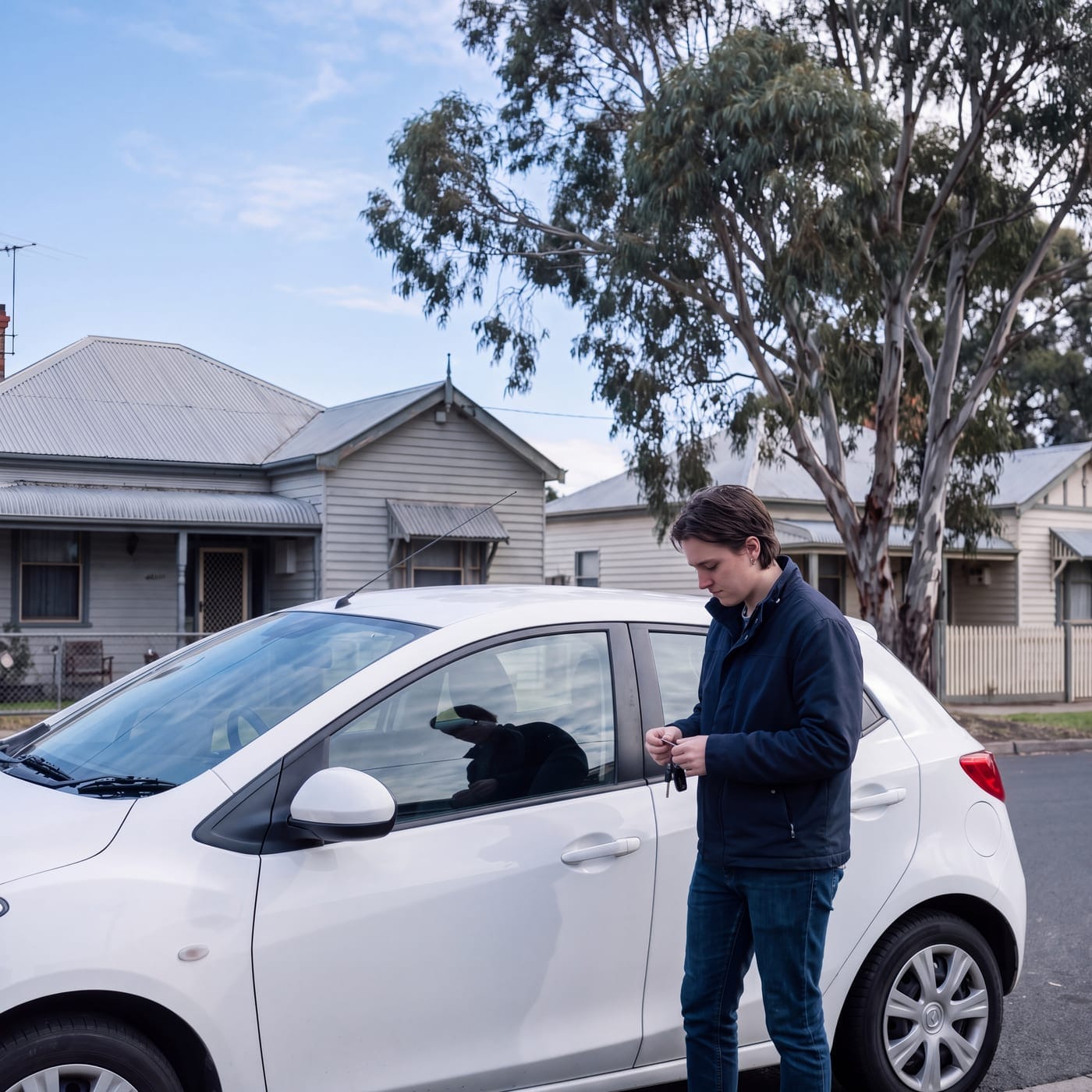 Person checking keys beside a small white hatchback on a suburban street