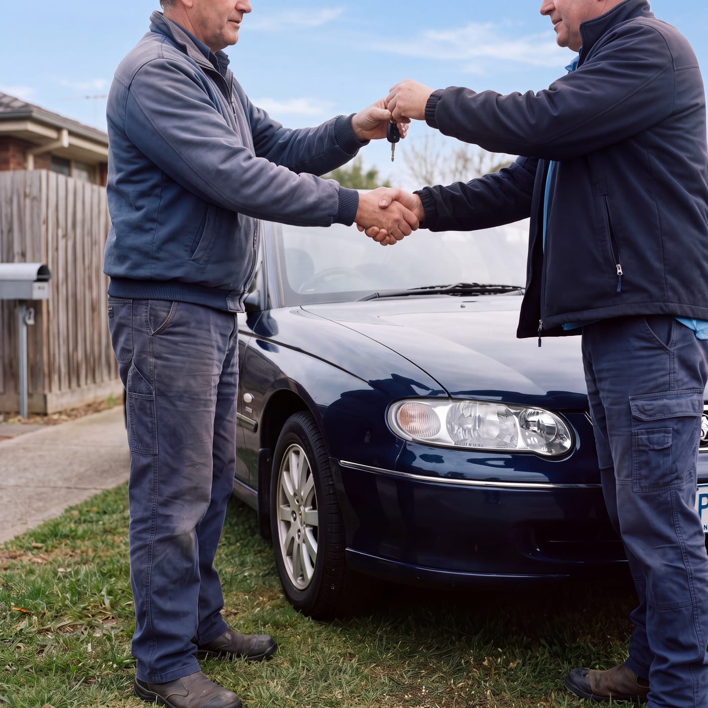 Two people shaking hands and passing keys over a dark sedan on a front lawn