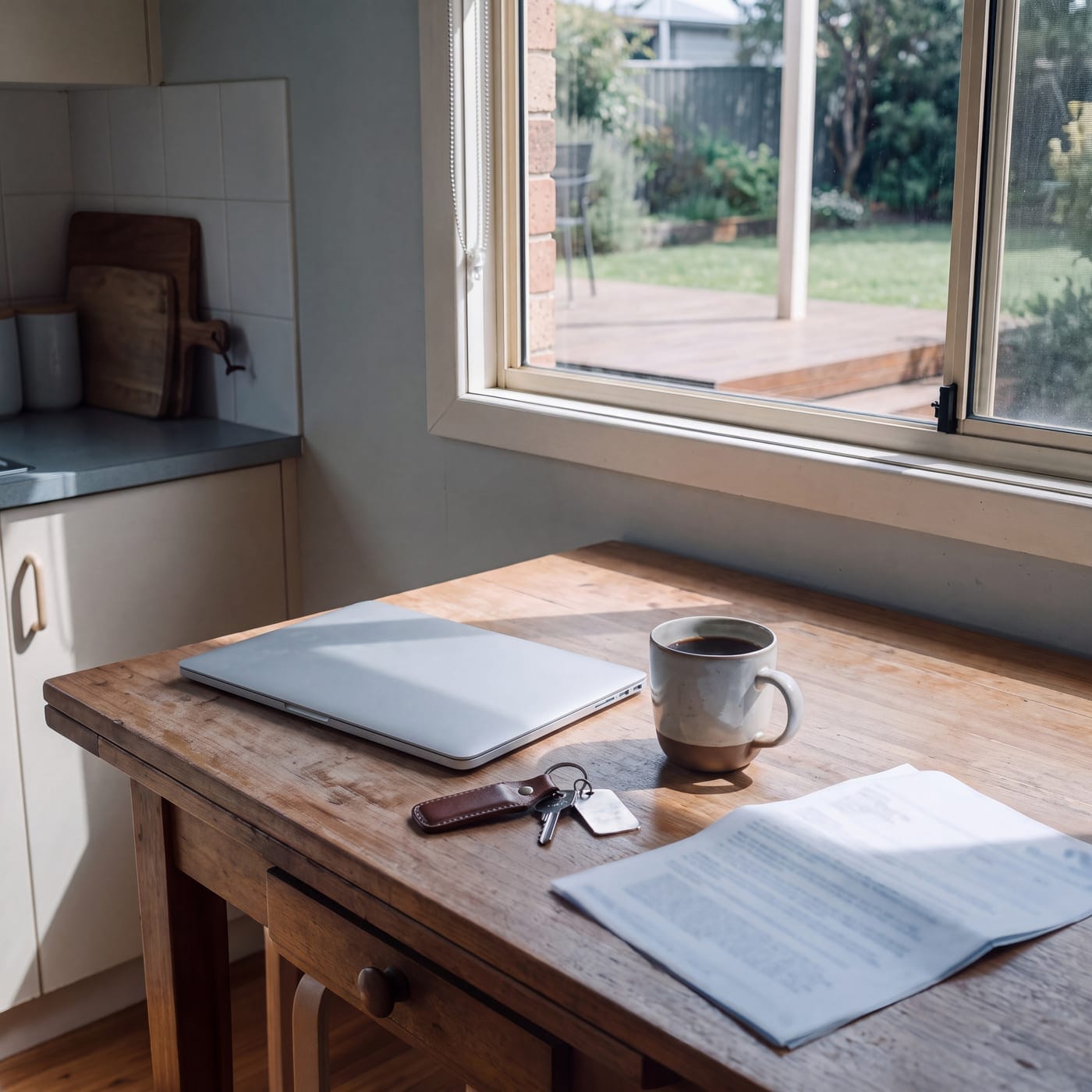 Kitchen table with a closed laptop, car keys, a coffee and a loan document