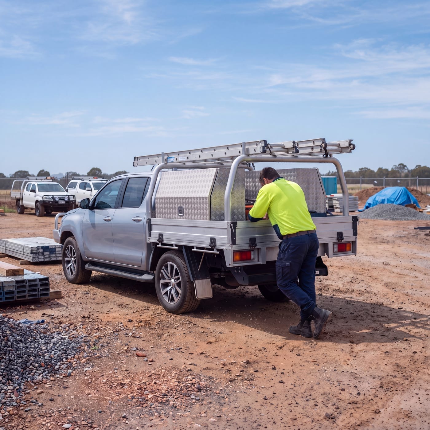 Worker in hi-vis at the tray of a ute with a ladder rack on a muddy work site