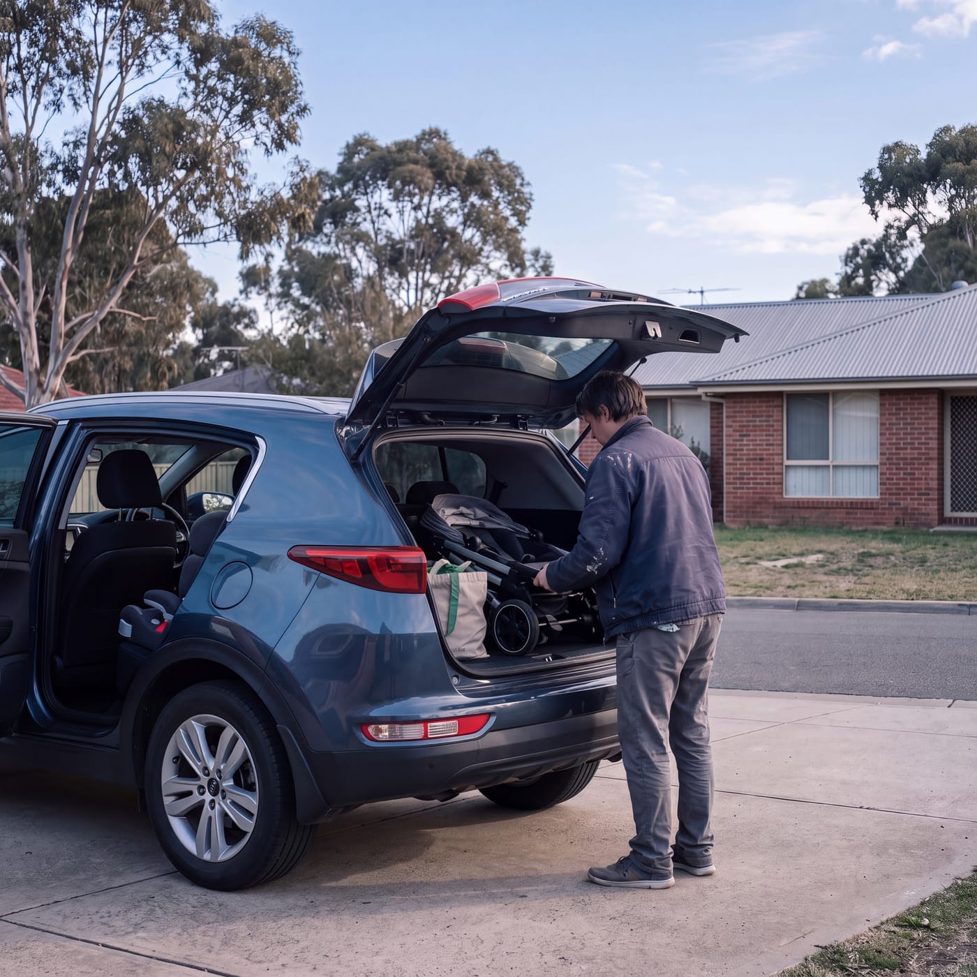 Adult loading bags into the open boot of an SUV on a driveway