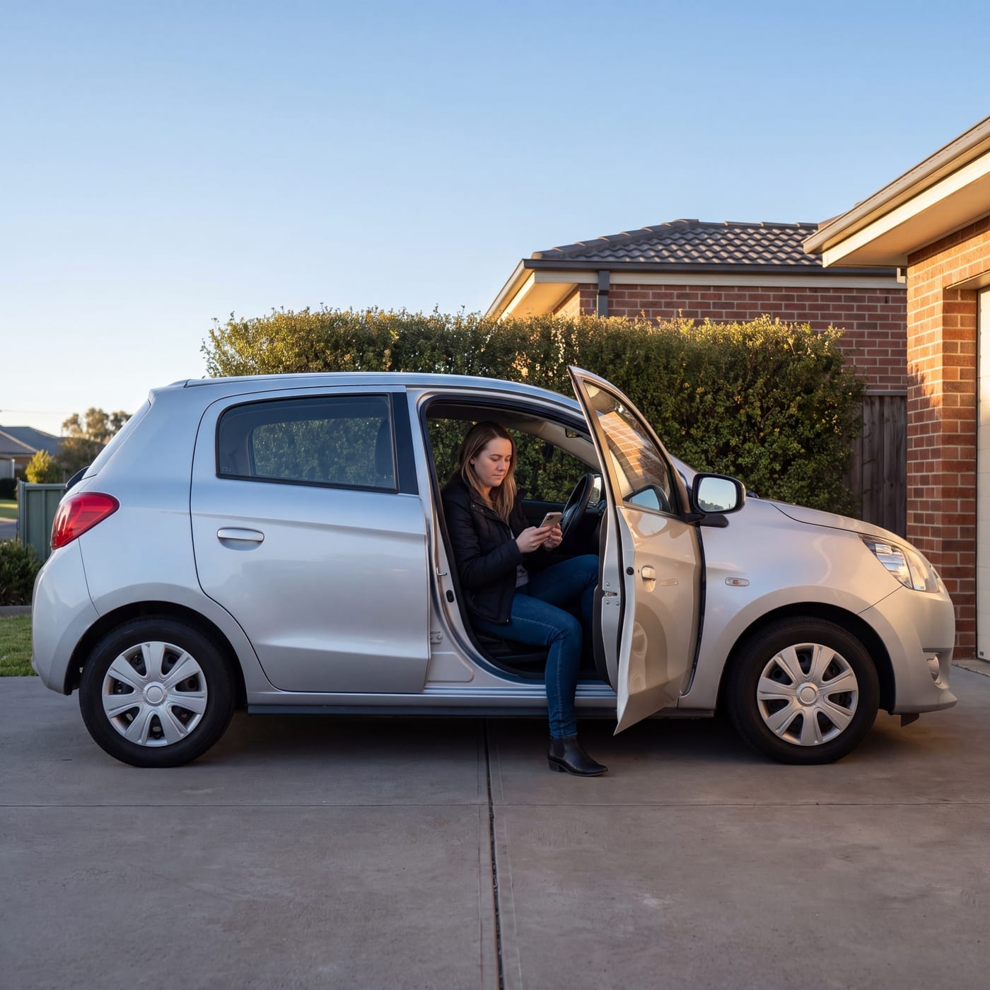 Woman sitting in the open door of a small silver hatchback in a driveway looking at her phone
