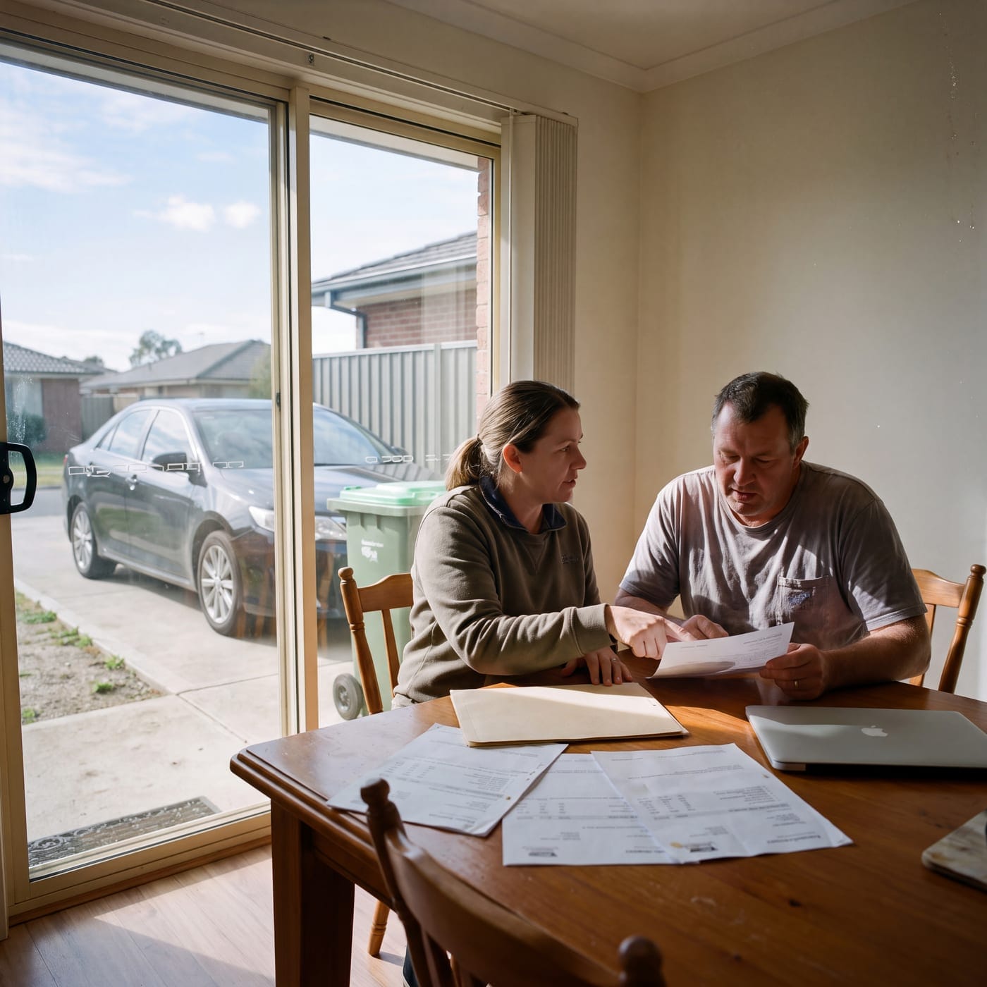 Two people sorting statements at a dining table with a car parked beyond the sliding door