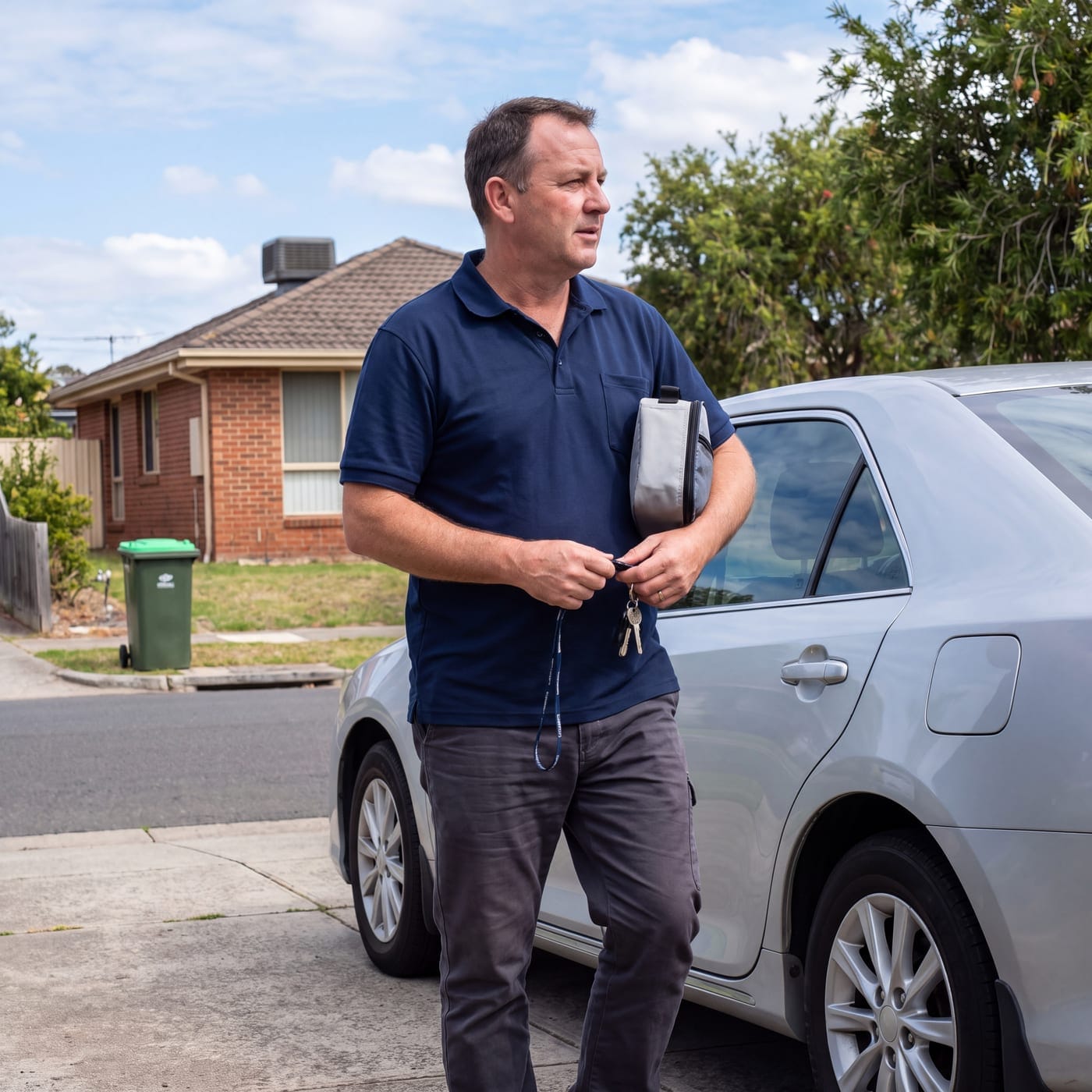 Man walking towards a parked car on a suburban street with a folder under his arm