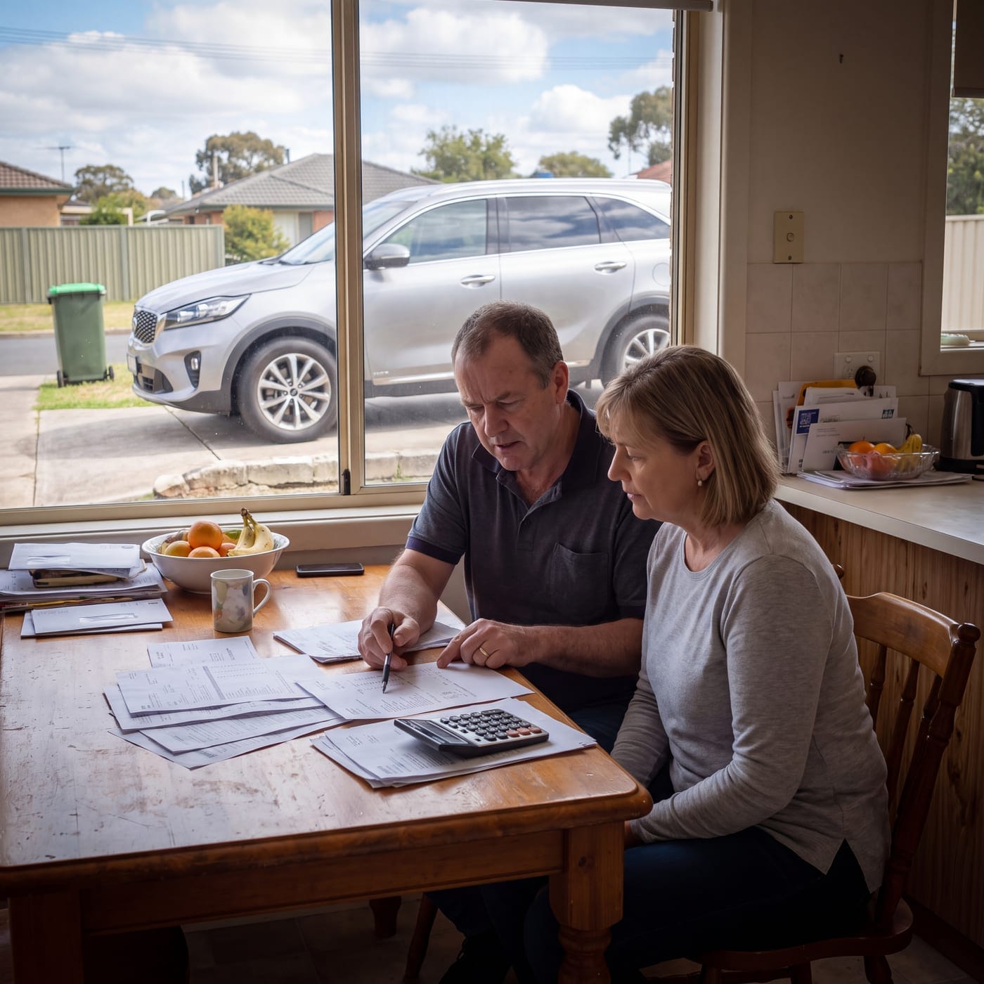 Couple going through paperwork at a kitchen table with their car parked outside the window
