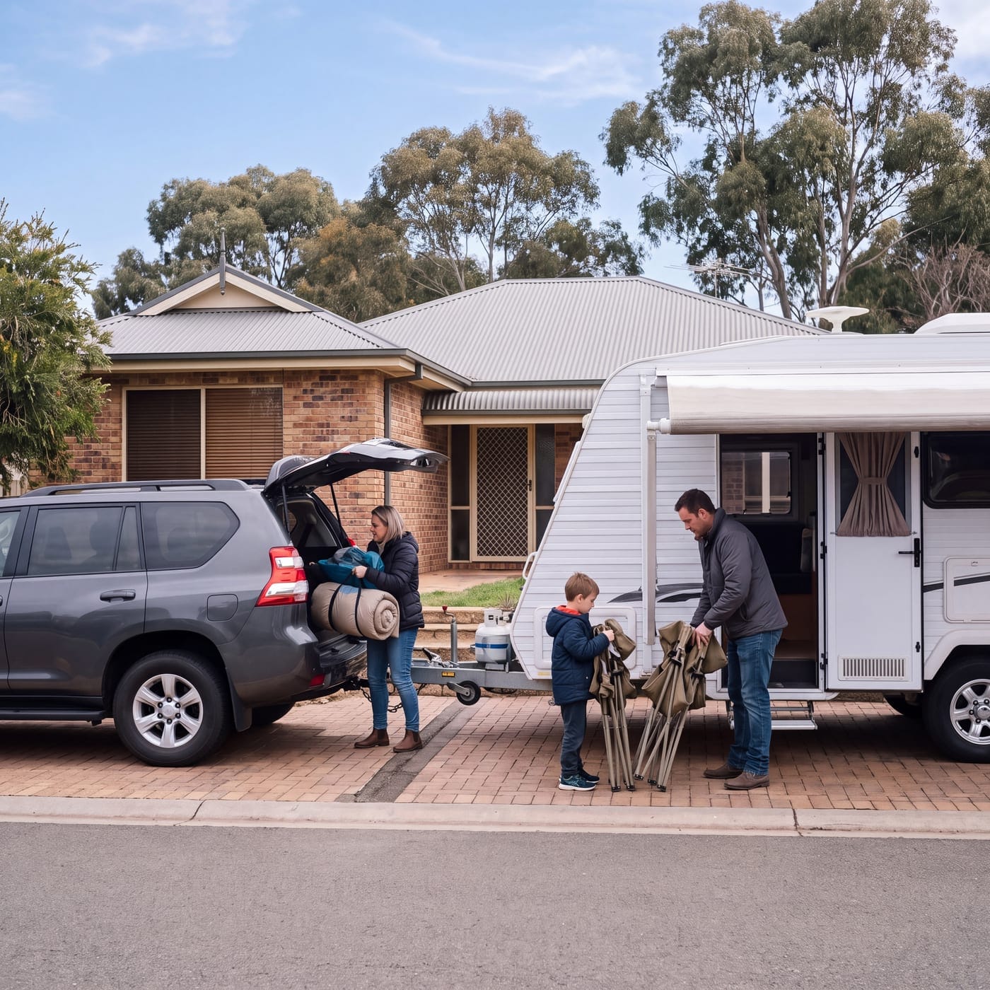 Family loading camping gear into a four wheel drive and caravan outside a brick house
