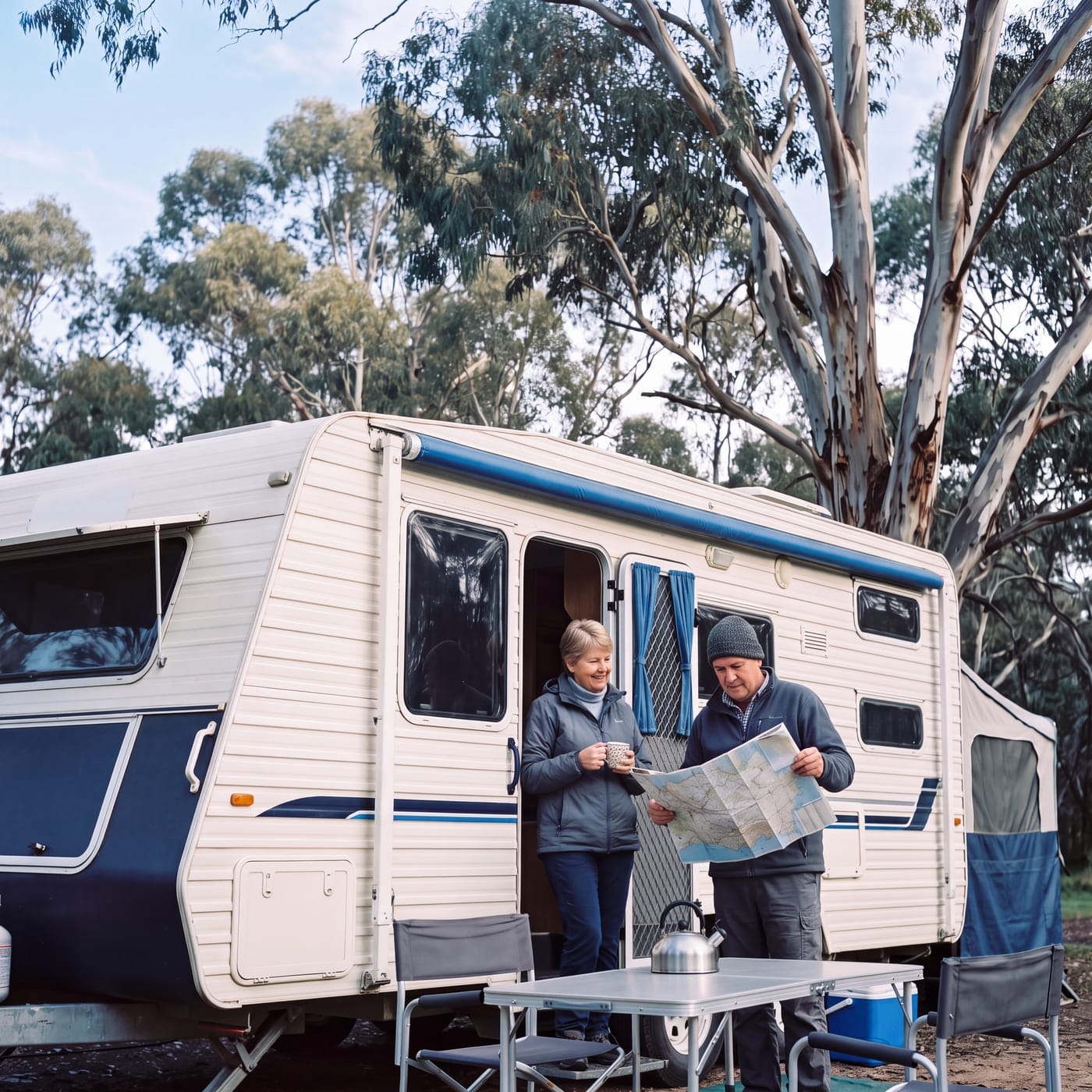 Older couple reading a map at a folding table beside a caravan at a bush campsite
