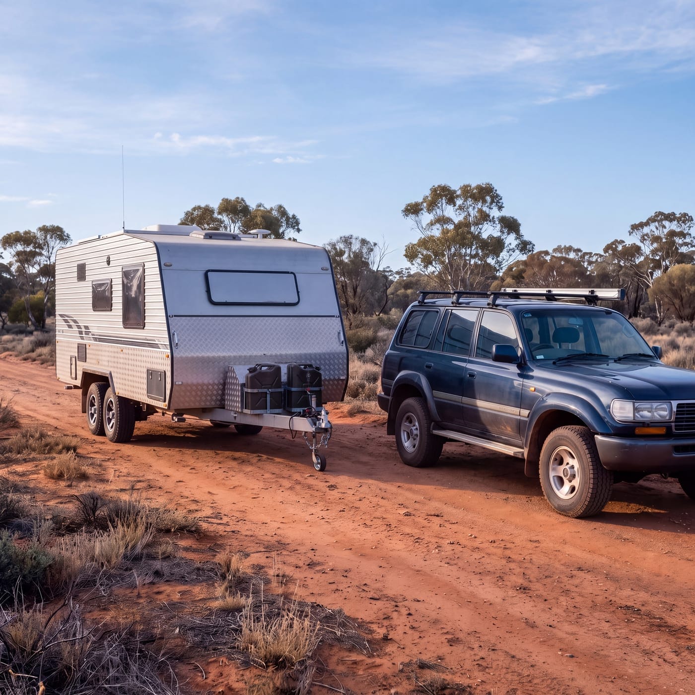 Caravan towed by a four wheel drive on a red dirt track through scrub