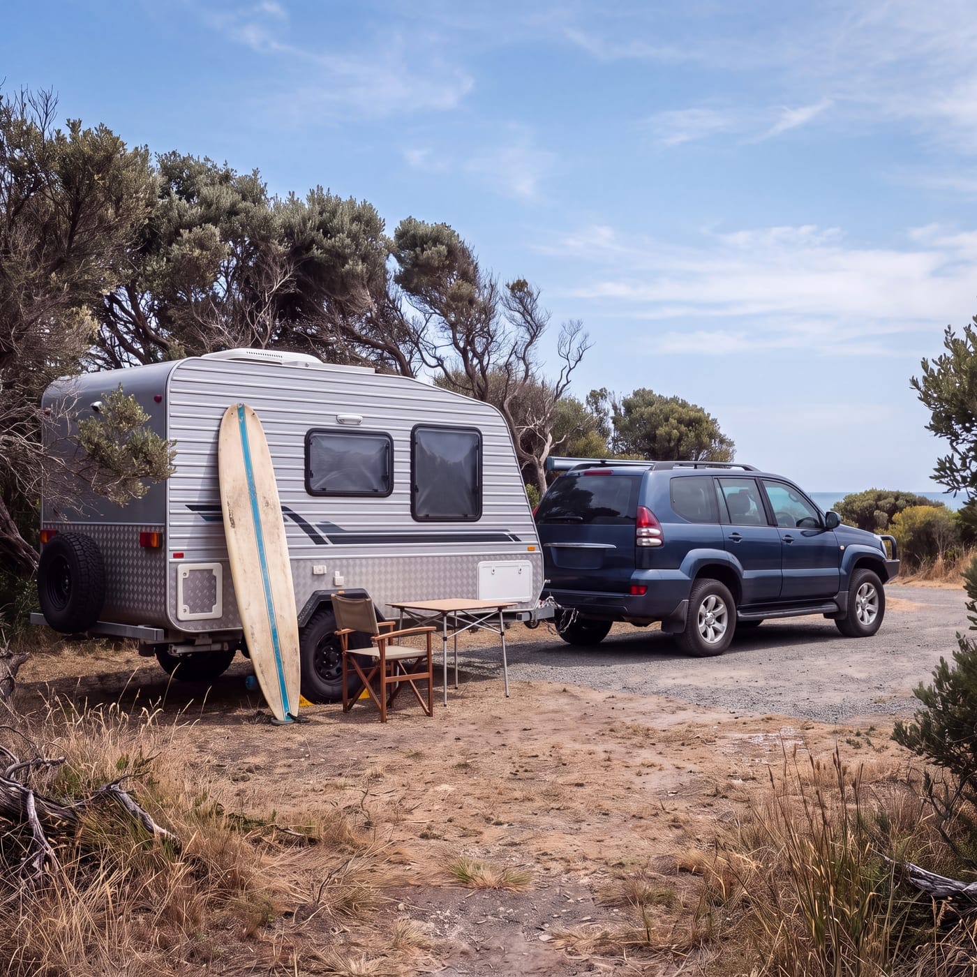 Caravan and four wheel drive set up at a coastal campsite with a surfboard against the van