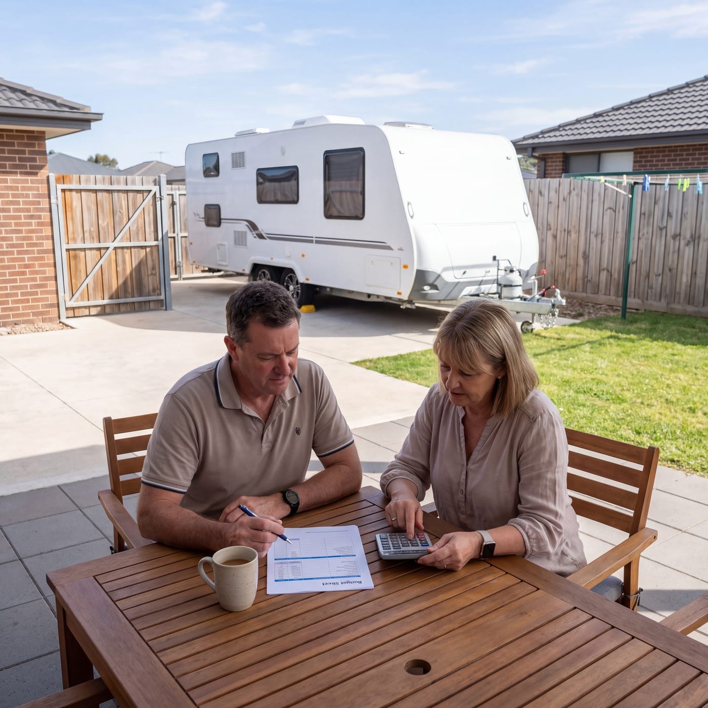 Couple working through figures at an outdoor table with a caravan parked behind them
