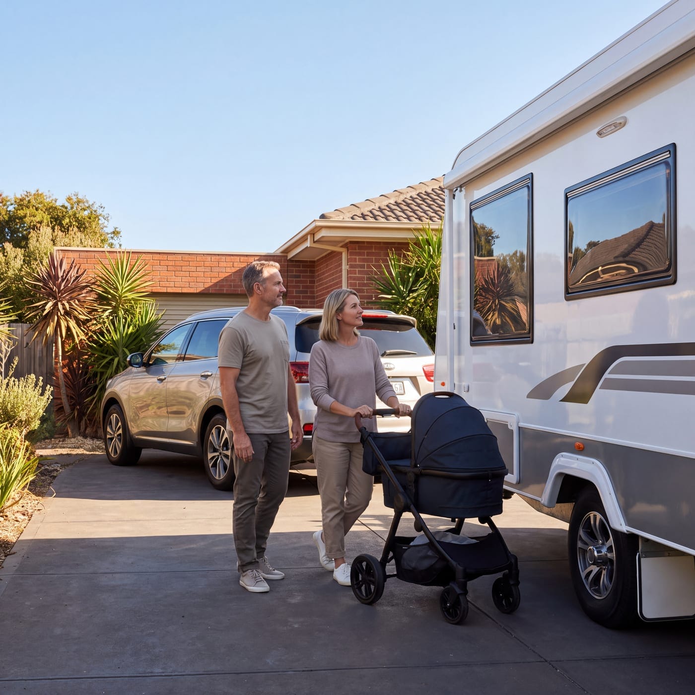 Couple with a pram standing between a caravan and a car on a suburban driveway