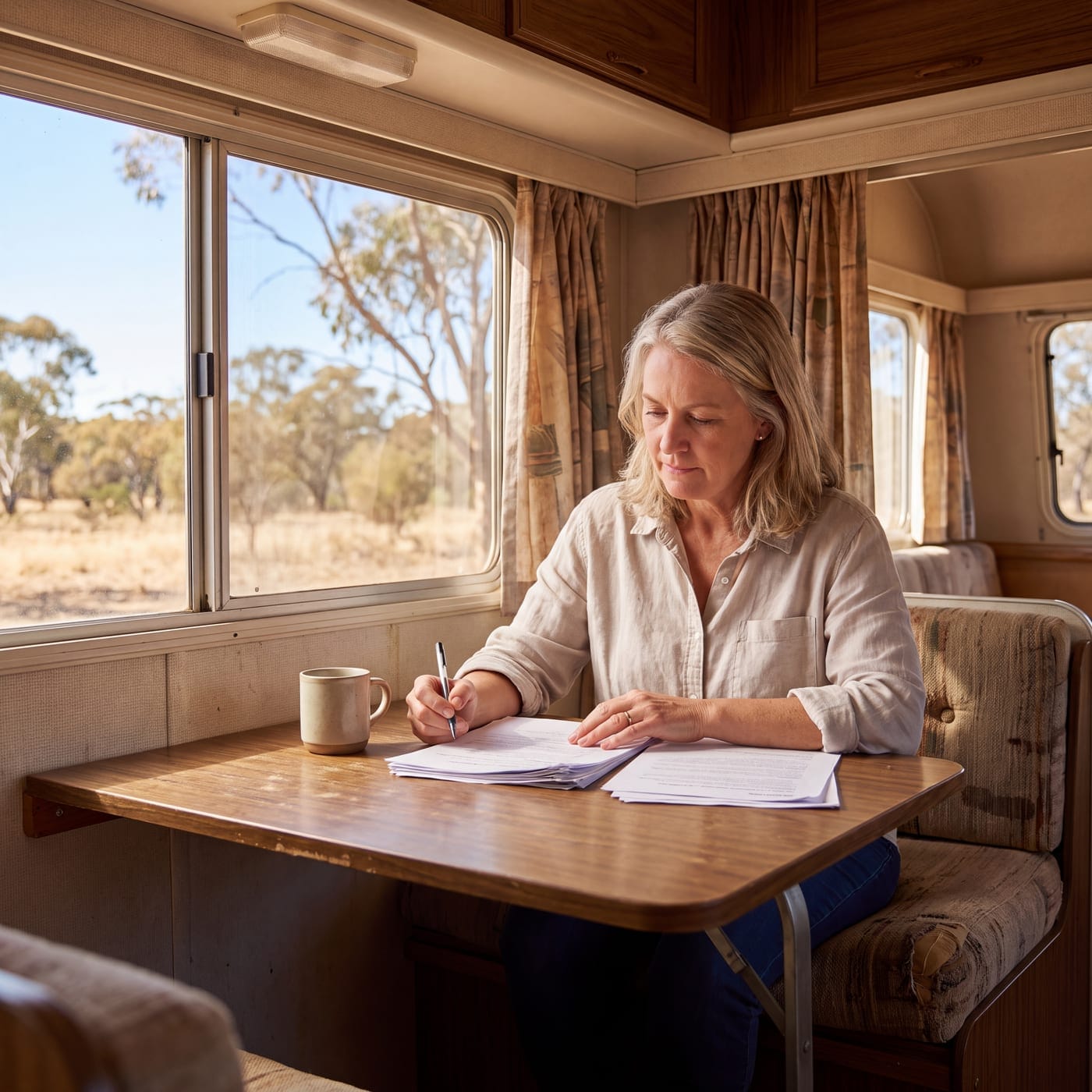 Woman signing paperwork at a caravan dinette table with bushland through the window