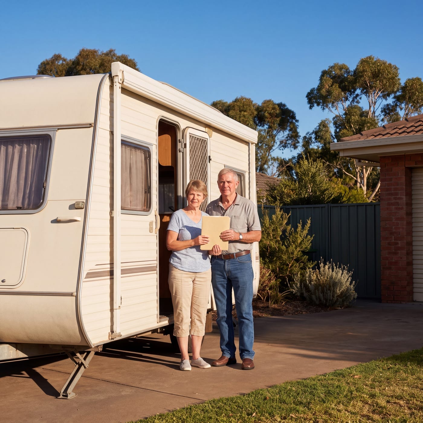 Older couple holding a folder beside their caravan in a suburban driveway