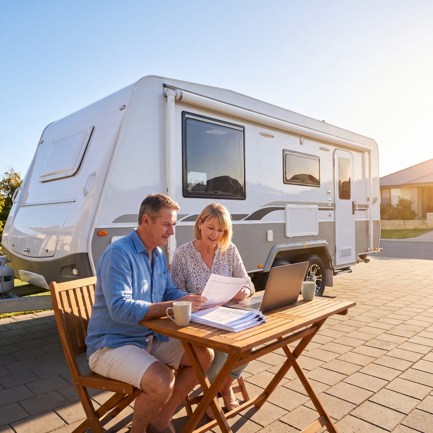 Couple reviewing paperwork and a laptop at an outdoor table beside their caravan