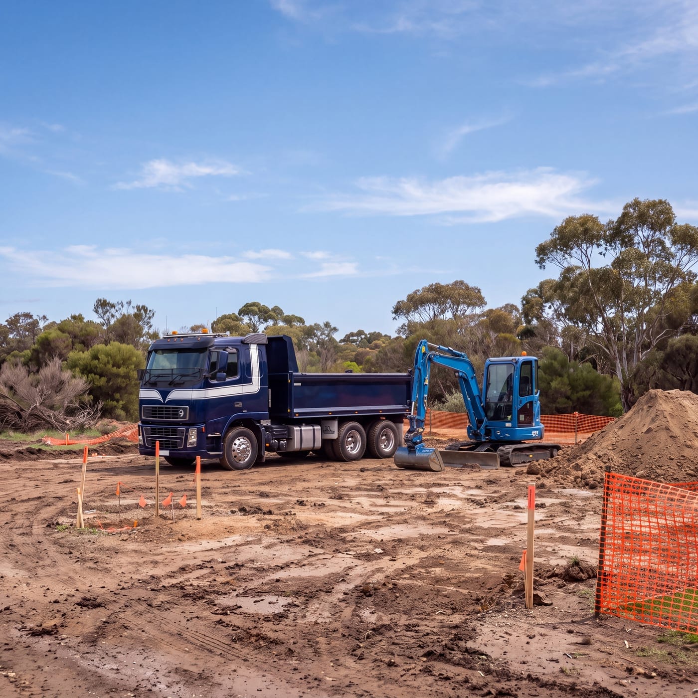 Tipper truck and a mini excavator working on a cleared earthworks site