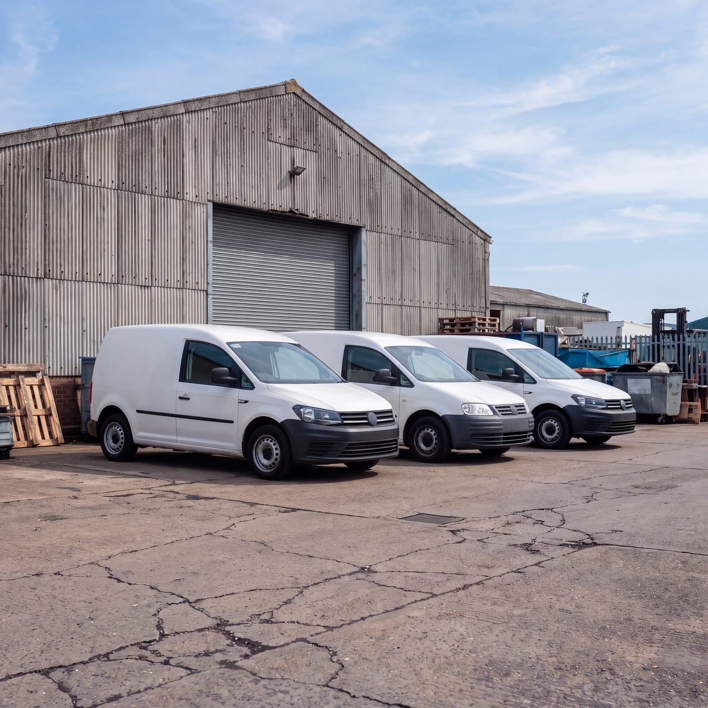 Row of identical white vans parked outside a depot shed