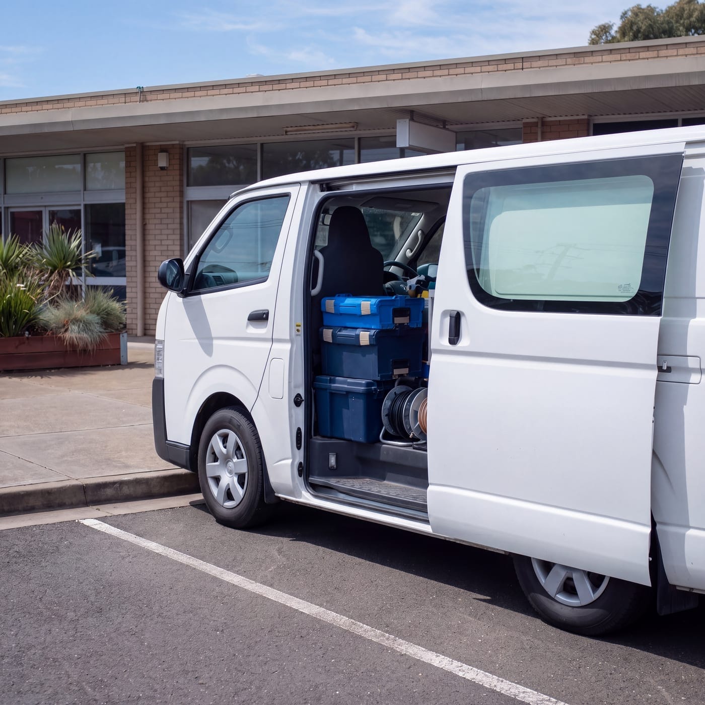 Van with its side door open showing equipment, parked at a shopfront