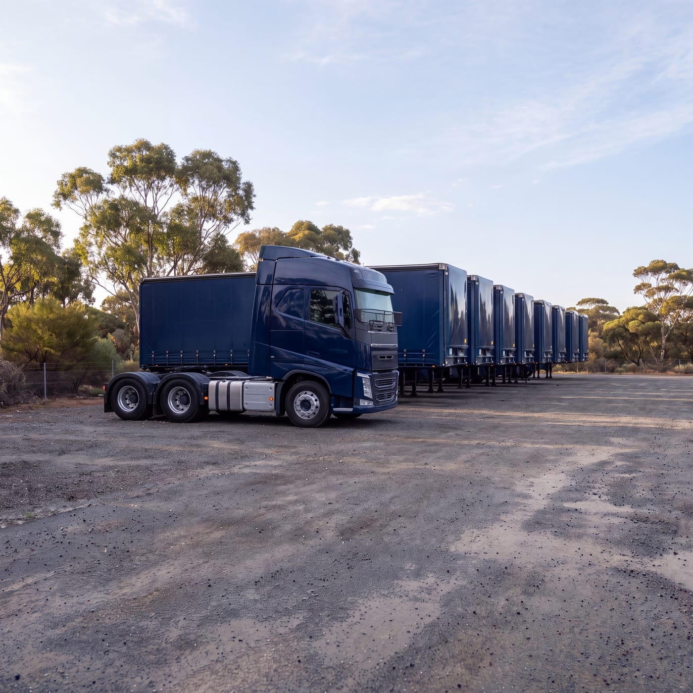 Prime mover parked ahead of a long line of trailers on wet bitumen